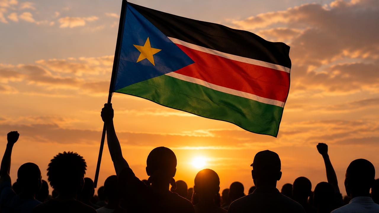 Supporters raising the South Sudan flag at sunrise